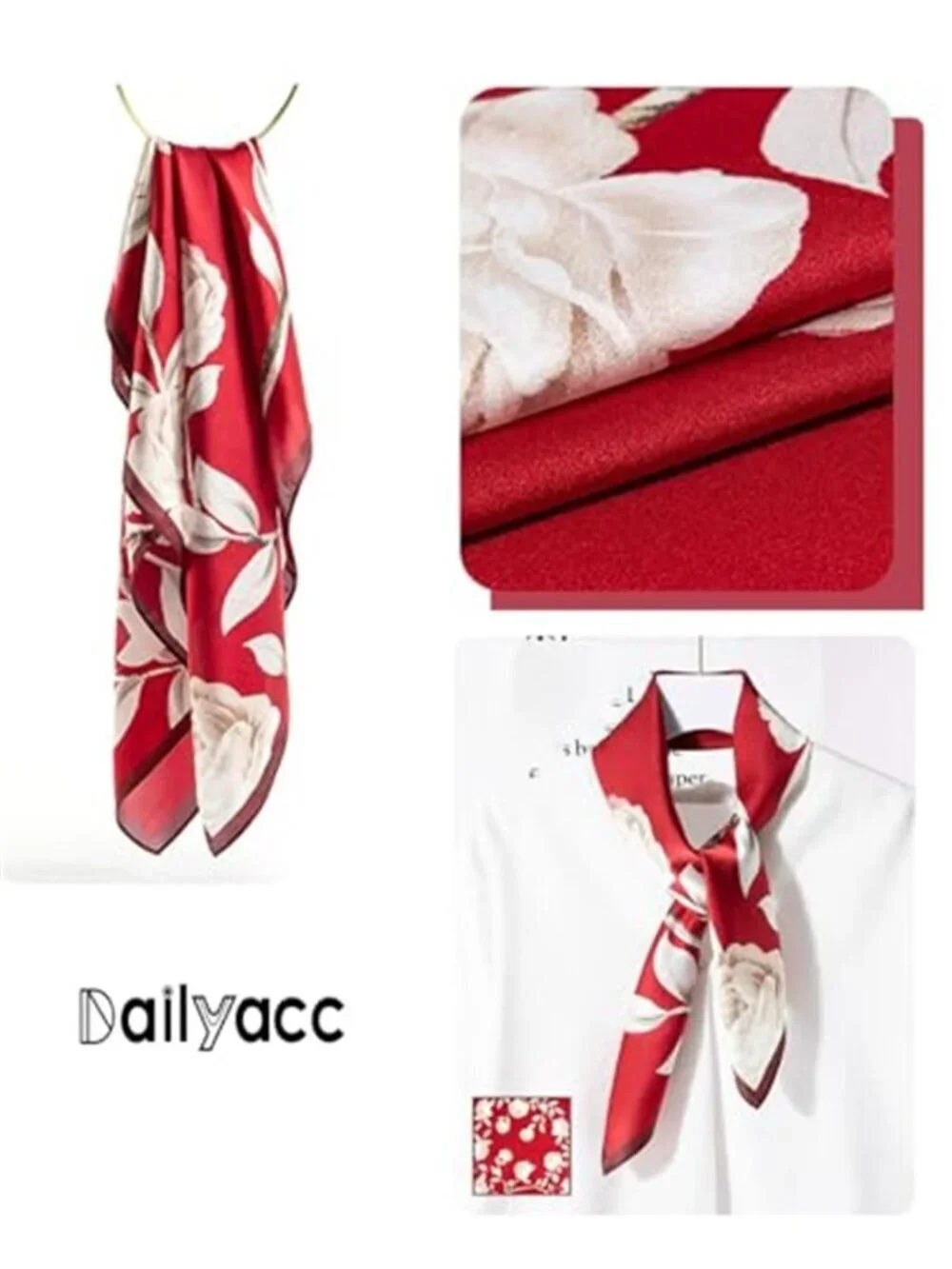 Red and White Hair Bandanas Scarf Lightweight Fashion Neck Silk Satin